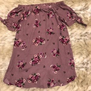 Off-the-shoulder purple & floral baby doll dress